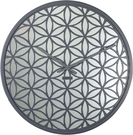 NeXtime Wall clock with 50cm wooden frame and mirror accents, titled Bella Mirror, showcasing a modern decorative design.