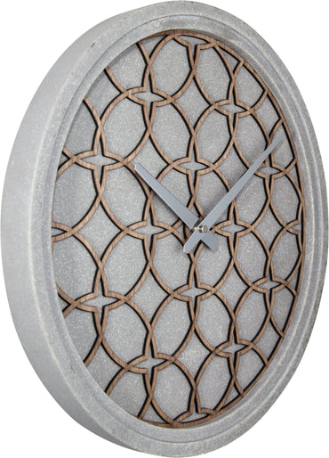 NeXtime wall clock with 39.5 cm concrete and wood design, featuring the 'Concreto love' motif, shown from the left side.