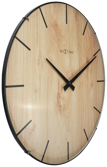 NeXtime Clocks edge wood dome wall clock, 35 cm diameter with dome glass, showcasing a stylish wooden design and modern time display.