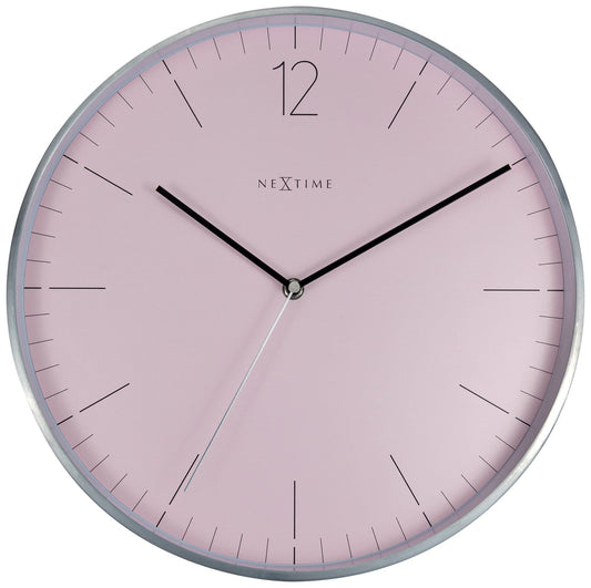 Elegant NeXtime Clocks wall clock with a 34 cm glass and metal design, featuring a sleek silver finish and minimalist style.
