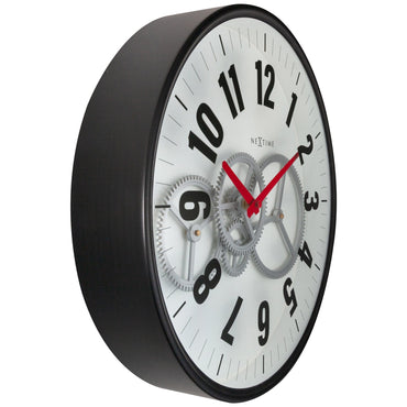 NeXtime modern gear wall clock with moving gears, 36cm metal and glass design, showing the left side of the clock.