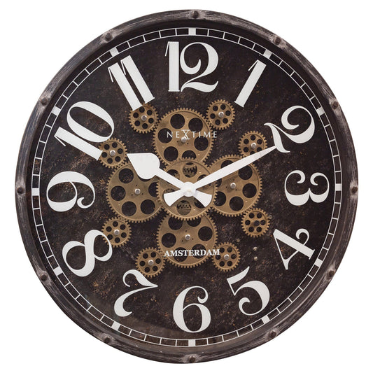 NeXtime Clocks Moving Gear Wall Clock "Henry," 50cm with visible gears and modern design, perfect for contemporary home decor.