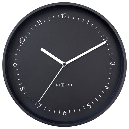 NeXtime Berlin wall clock, 30cm aluminum design, silent operation, modern style, front view showing black hour markers and hands.