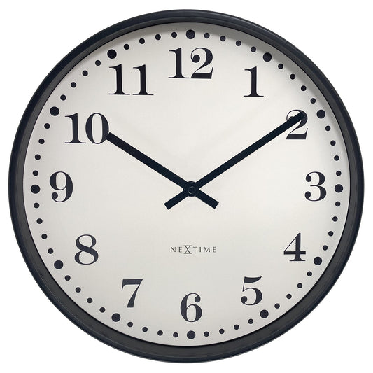 Black and white NeXtime Dickens wall clock, 30cm silent plastic clock with classic design, showing clock face with black hands.