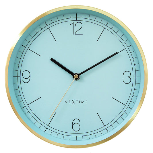 NeXtime Bolero wandklok van 25 cm, turquoise, wit en zwart met metalen frame, stille klok voor aan de muur.