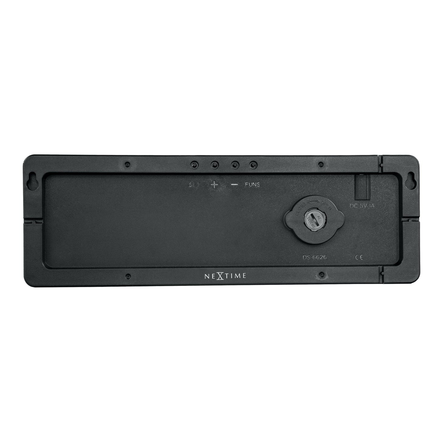 NeXtime Super Digi digital wall alarm clock in black with large LED display, measuring 38.8x12.9x3.2cm, made of ABS plastic.