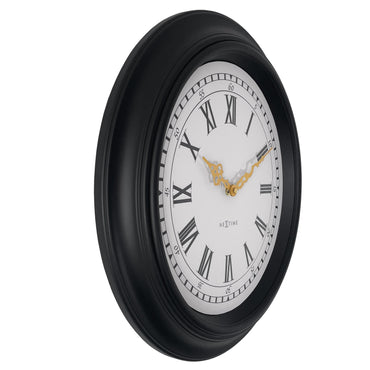 Black and grey NeXtime Chopin wall clock, 40cm, with silent movement, featuring a modern plastic design and minimalist style.