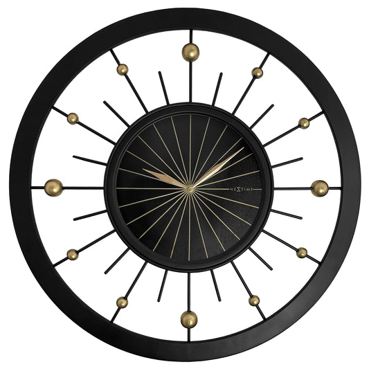 Black NeXtime Orbit wall clock, 60cm diameter, silent metal design, modern style, front view showing clock face and hands.