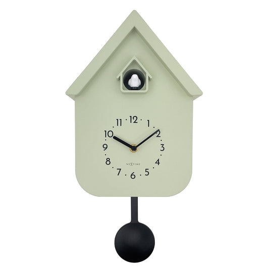 NeXtime Twitter wall clock with pendulum, black frame, and cuckoo bird, measuring 21.5x41.5x8.5cm, front view.
