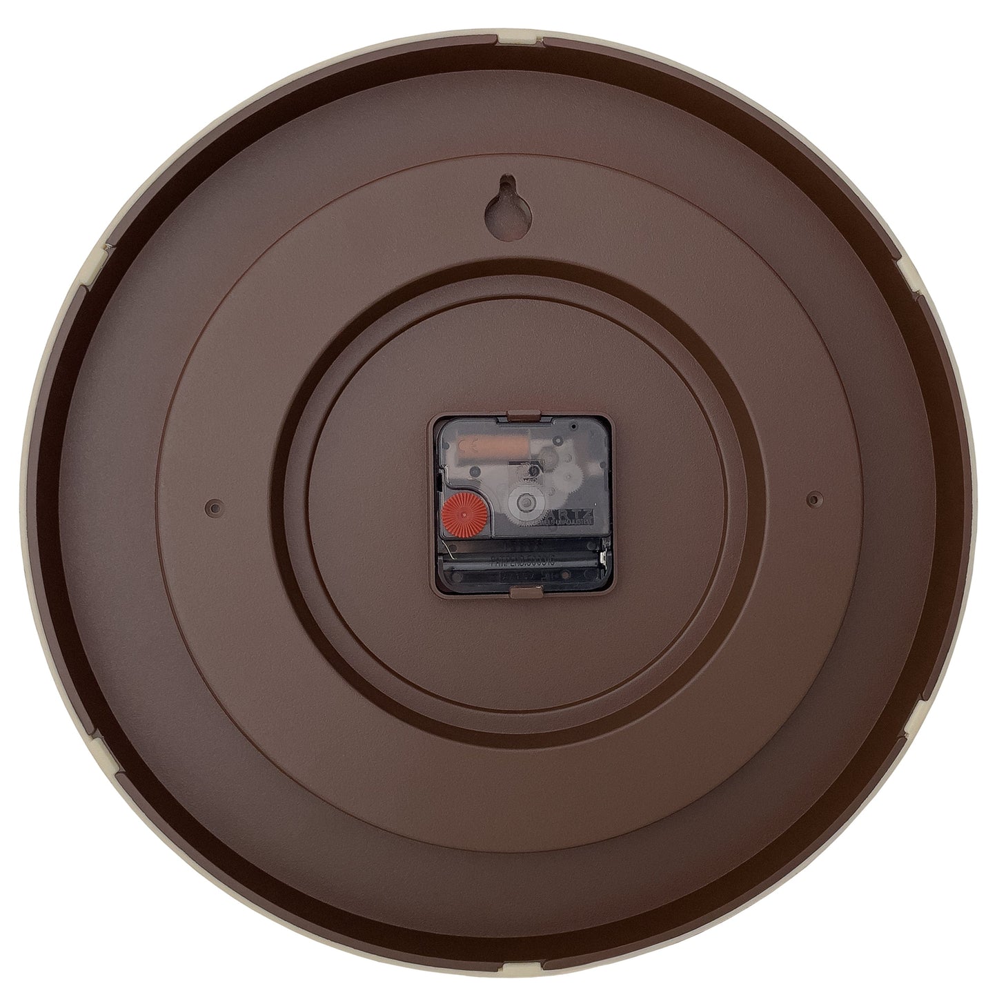 NeXtime Oslo wall clock, 30cm, silent operation, dark brown and light brown plastic design, viewed from the back.