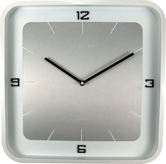 Square wooden wall clock from NeXtime Clocks, 40x40 cm, with a minimalist design and black clock hands on a light wood face.