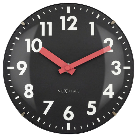 NeXtime Duomo Mini wall or table clock with 20cm diameter, glass dome lens, silent movement, featuring a sleek glass design.