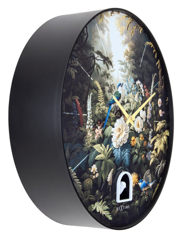 Black plastic wall clock with cuckoo design, 30cm diameter, from NeXtime Vanity Cuckoo collection, showing the left side.