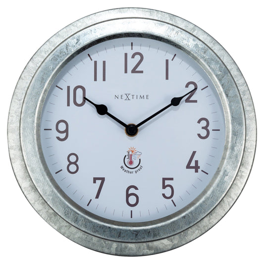 Weatherproof outdoor garden wall clock by NeXtime, 22cm metal galvanized Poppy design, suitable for outdoor use.
