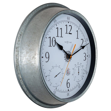 NeXtime Garden Clock with galvanized metal tulip design, weatherproof wall clock, 40.5 cm diameter, suitable for outdoor use.