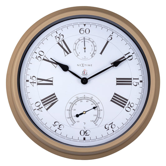 NeXtime Clocks garden wall clock with weatherproof metal design, 40.5 cm diameter in hyacinth color, showing time and weather details.