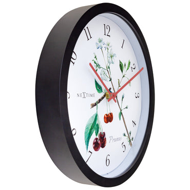 Weatherproof outdoor garden clock by NeXtime Clocks, 30.5 cm diameter with Prunus design, shown from the left side.