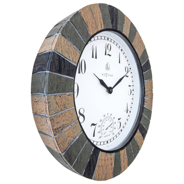 Large weatherproof outdoor garden clock with thermometer from NeXtime Clocks, 43.5 cm polyresin Aster model, showing time and temperature.