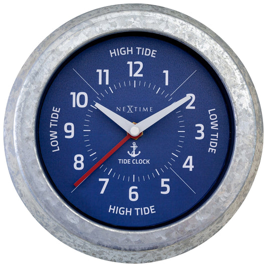 NeXtime Tide wall clock with galvanized silver finish, 22cm diameter, displaying tide status and time.