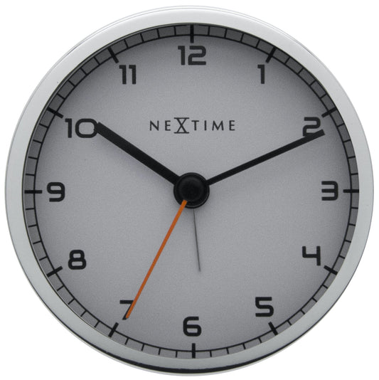NeXtime Clocks metal alarm clock measuring 9x9x7.5 cm with a modern design, labeled 'Company Alarm' on the front.