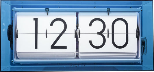 NeXtime Clocks Big Flip Clear acrylic table or wall clock, 36 cm with digital flip display showing time from the front view.