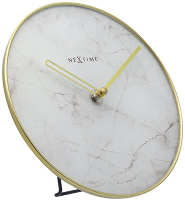 NeXtime marble table clock with glass and metal, 20 cm tall, featuring a stylish marble design and left-side view.