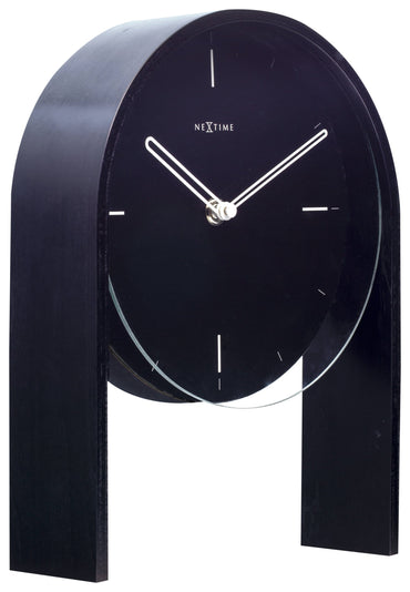 Wooden Noa Table Clock by NeXtime Clocks, left side view showing sleek design and compact size of 27 x 21 x 6.5 cm.