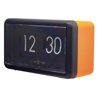 NeXtime flip clock displaying time on a white and orange table or wall clock with a sleek design, measuring 18x10x7cm.
