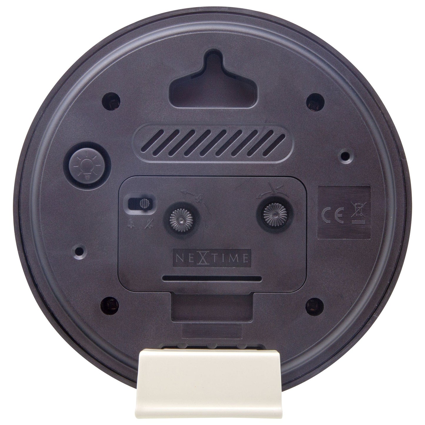 NeXtime Clocks Reflect table alarm clock with light function, silent operation, plastic design, 12.5x13x5.5cm, back view.