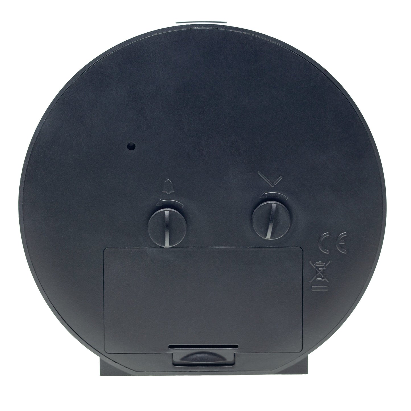 NeXtime Circle alarm clock, silent light dial, 10.5cm by 3.6cm, shown from the back with a sleek design and modern style.