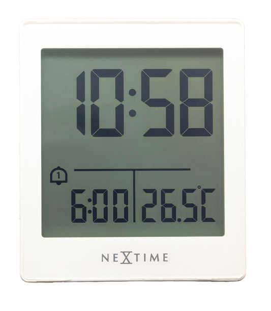 NeXtime Digital Table Alarm Clock with black display, compact size 7.7x8.9x3cm, featuring "Wake Up" function and modern design