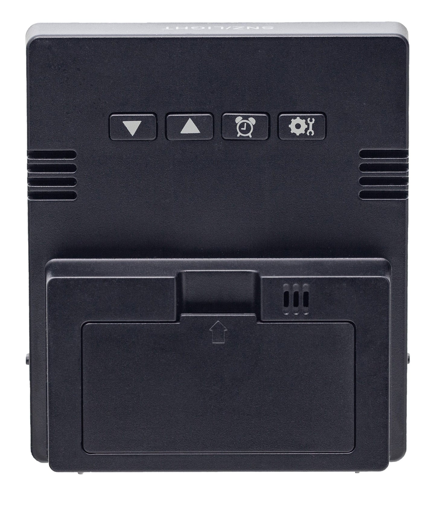 NeXtime digital table alarm clock with back view, compact 7.7x8.9x3cm design, black and white display, "Wake Up" label.