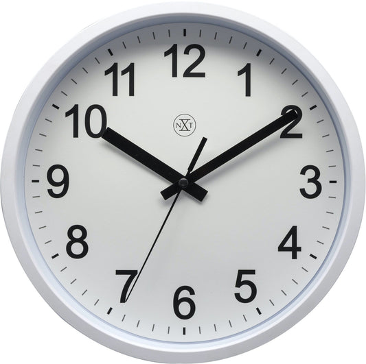 NeXtime Clocks wall clock, 25.5 cm diameter, plastic construction with a robust design, featuring a modern face and clear clock hands.