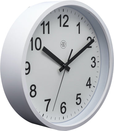 NeXtime Clocks wall clock, 25.5 cm diameter, plastic case, robust design, shown from left side view.