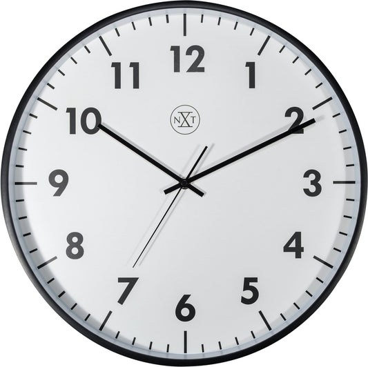 NeXtime Clocks wall clock, 40 cm diameter, plastic frame with modern design, front view showing clock face and hands.