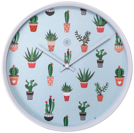 NeXtime Clocks 30 cm plastic wall clock featuring a cactus design with bold green cactus image on a white background.