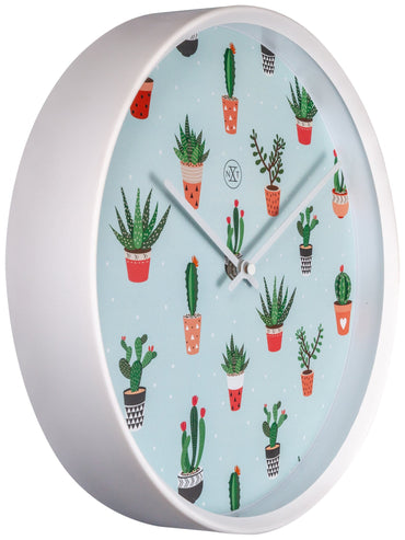 NeXtime Clocks 30 cm plastic cactus wall clock with a green cactus design on a white background, decorative and functional decor piece.