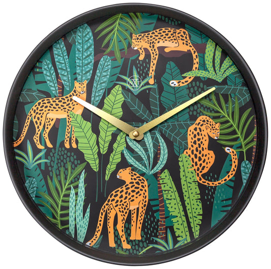 NeXtime Clocks urban jungle themed wall clock, 30 cm plastic design with vibrant jungle pattern, front view image.