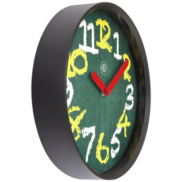 Green NeXtime Clocks wall clock, 30cm silent plastic design with chalkboard surface, shown from the left side.