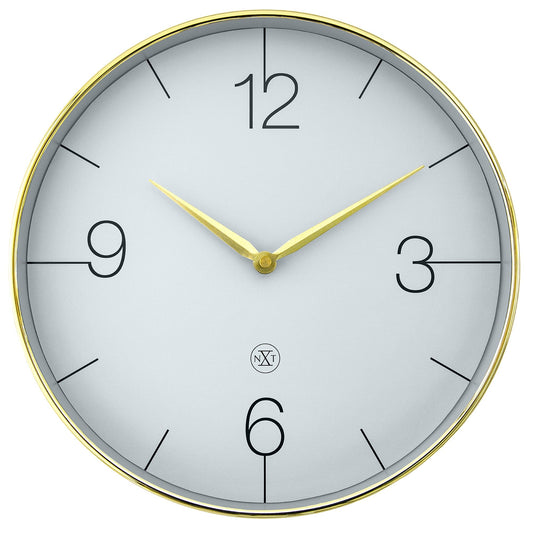 NeXtime Finesse wall clock with 30.5cm diameter, gold, chrome, and grey plastic design, featuring silent movement.