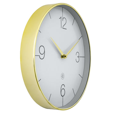 NeXtime Finesse wall clock with 30.5cm gold, chrome, and grey plastic finish, silent operation, side view.