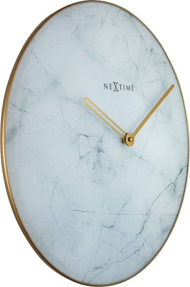NeXtime Clocks wall clock with 40 cm marble glass and metal design, showing a close-up of the left side.