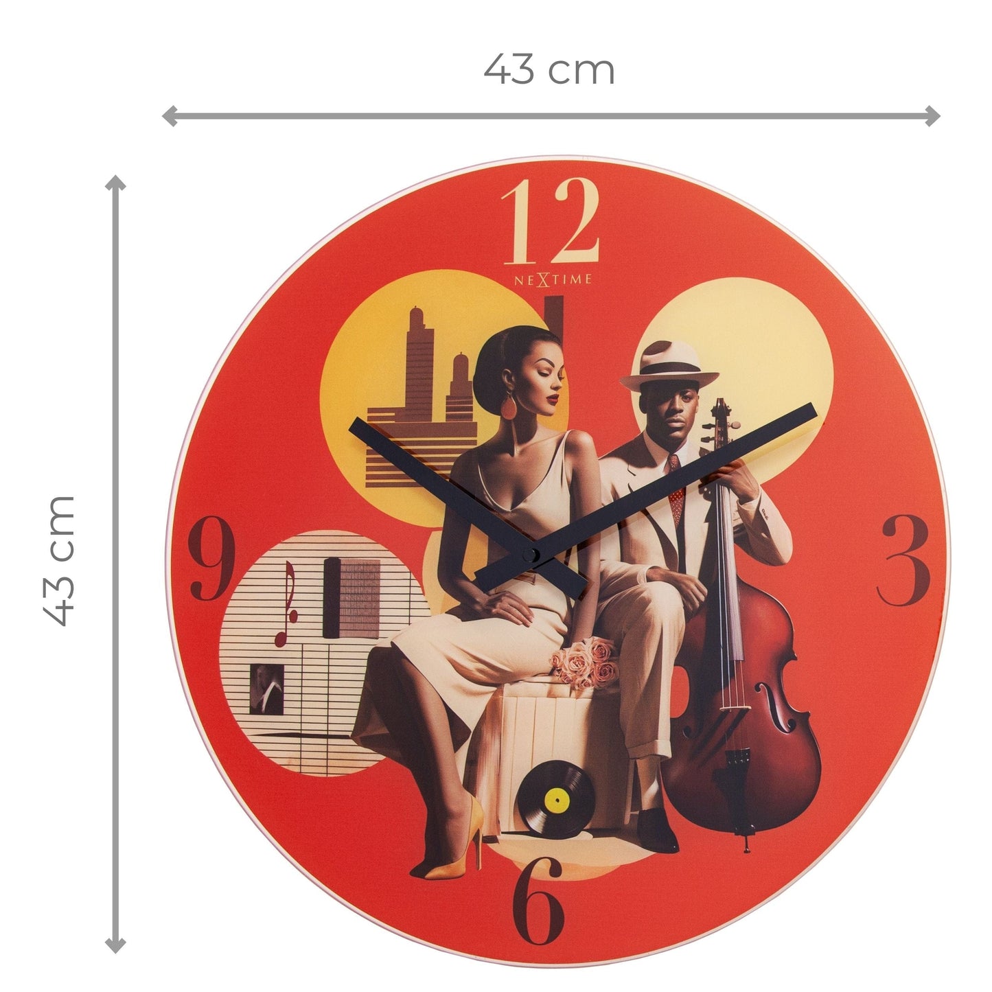 NeXtime Clocks 43cm silent multicolour glass wall clock with 'Jazz' design, modern and stylish home decor piece.