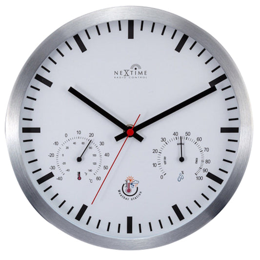NeXtime Clocks station wall clock with weather station, radio-controlled, 25cm, featuring digital weather display on a modern clock face.