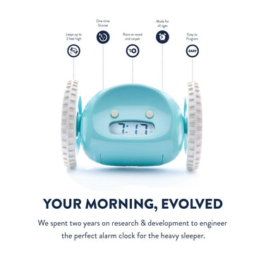 NeXtime Clocks Clocky Blue alarm clock on wheels, featuring a playful design and digital display for waking up on time.