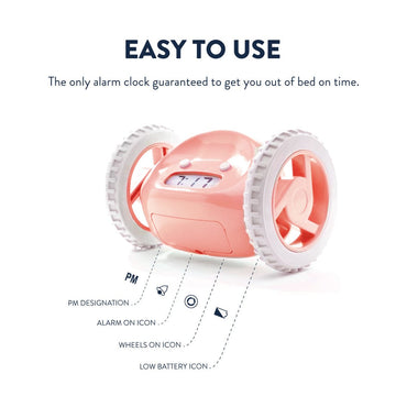 Pink Clocky alarm clock on wheels by NeXtime Clocks with digital display and playful design.