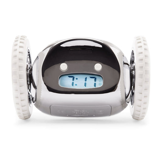 NeXtime Clocks Clocky Chrome alarm clock on wheels with shiny chrome finish and digital display.