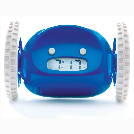 NeXtime Clocks Clocky Navy alarm clock on wheels with digital display and buttons, designed to move around when ringing.