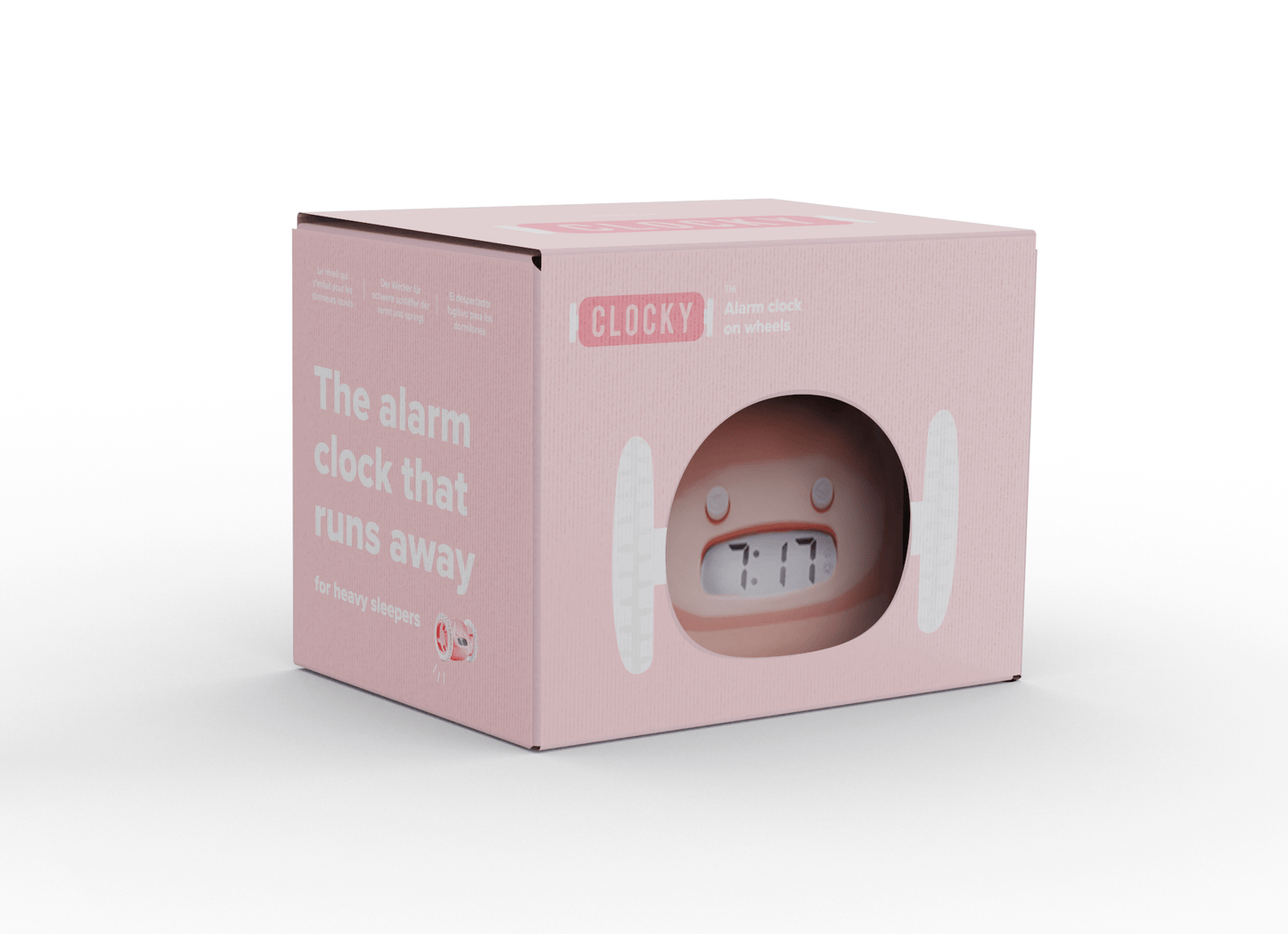 Pink NeXtime Clocks Clocky alarm clock on wheels with digital display and colorful design, shown from an angled view.