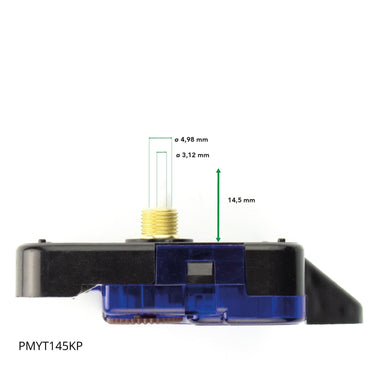 NeXtime clock movement with 14.5 mm shaft length, including hanger, shown in detailed view of PMYT145KP model.